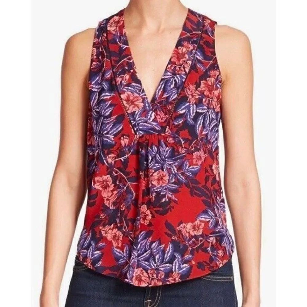 Rebecca Taylor Burnt Red Forest of Flame Sz 0 V Neck Silk Top $225 Floral Tank
